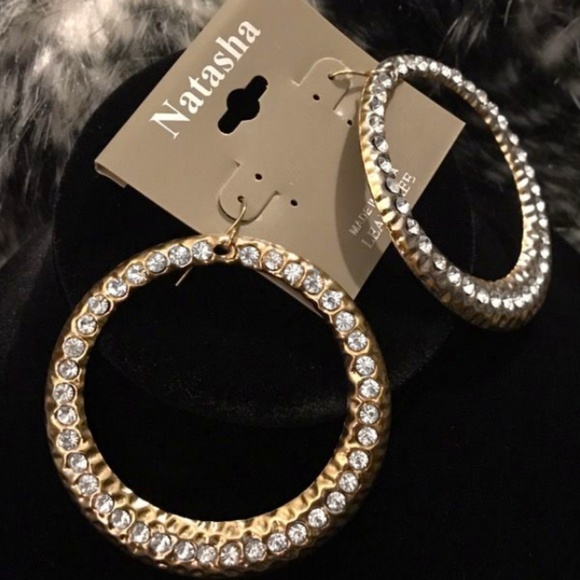 Natasha Jewelry - Gold Tone Jeweled Dangle Hoops